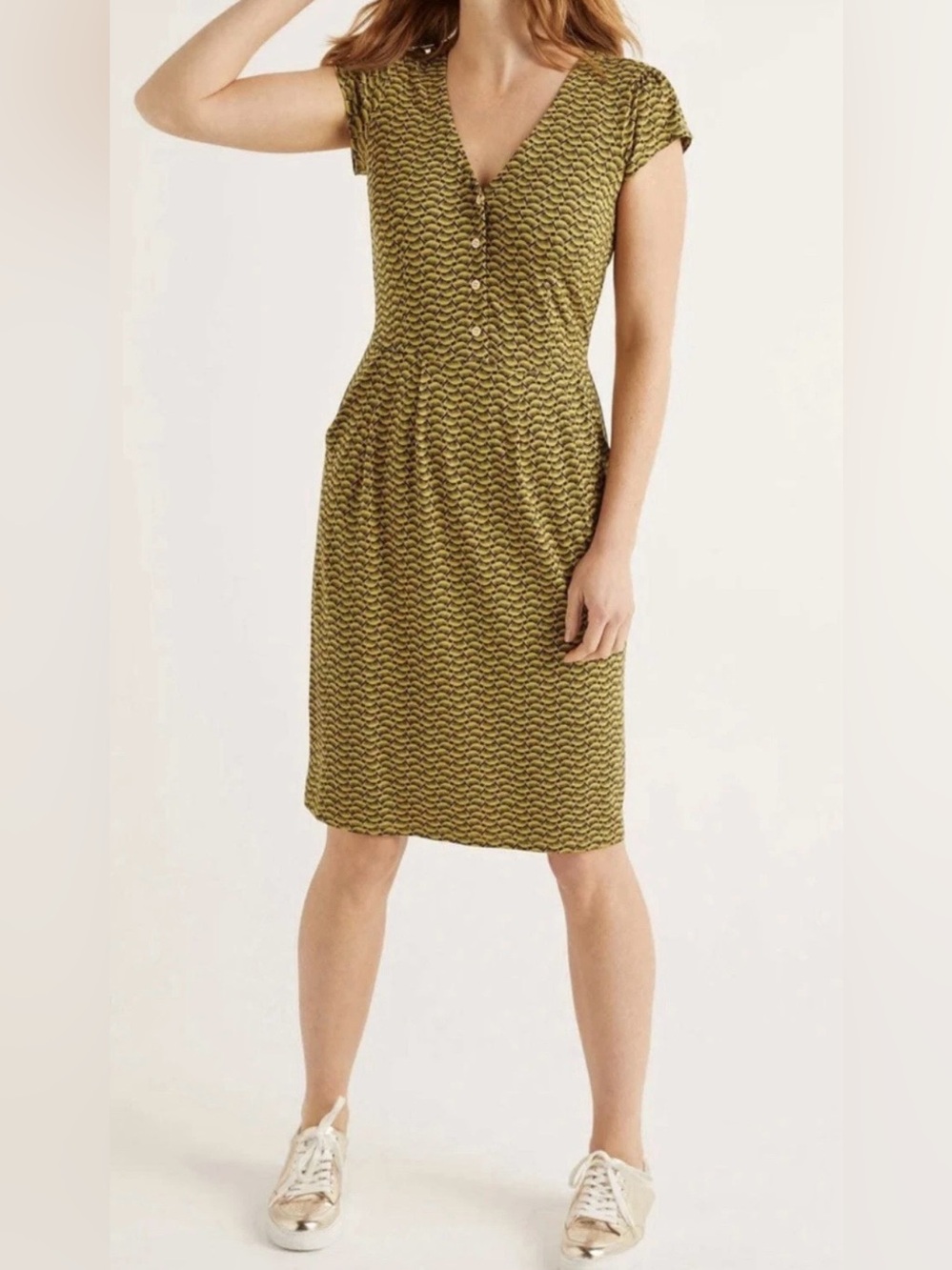 Boden Women’s Alberta Jersey Yellow Geometric Knee Length Summer Dress Size‎ 6 L